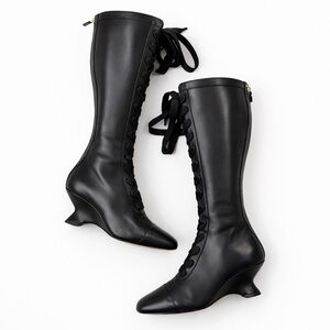 Christian Dior Naughtily D Black Leather Lace-Up Wedge Boots Womens Size EU 38